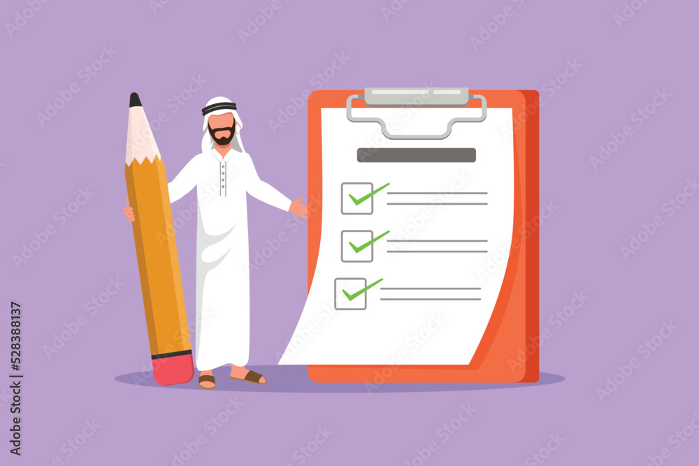 Graphic flat design drawing happy attractive Arabian businessman standing with huge pencil, clipboard, checklist completed. Business success completed plan concept. Cartoon style vector illustration Graphic flat design drawing happy attractive Arabian businessman standing with huge pencil, clipboard, checklist completed. Business success completed plan concept. Cartoon style vector illustration