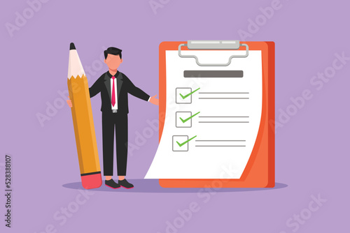 Cartoon flat style drawing of happy smiling businessman standing with huge pencil, clipboard, checklist completed. Business success completed plan concept. Graphic design character vector illustration