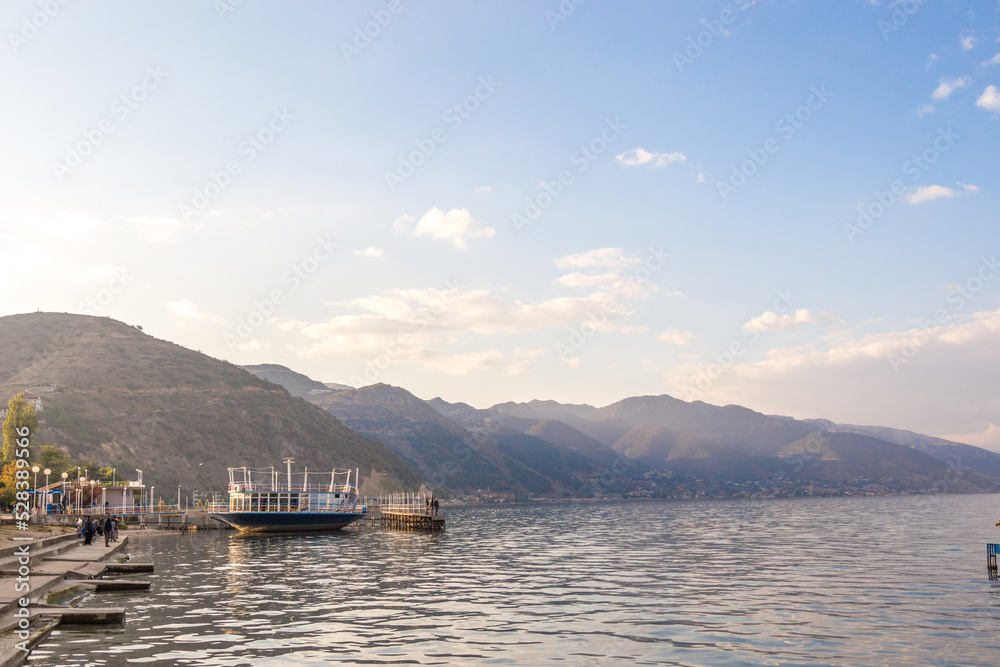 Panorama of Ohrid lake. Pogradec city, Albania. Balkans