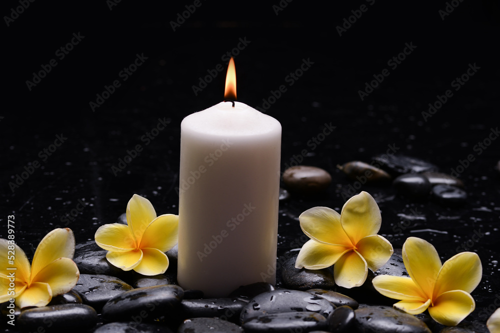 spa still life of with yellow frangipani and  green plants leaves white,candle