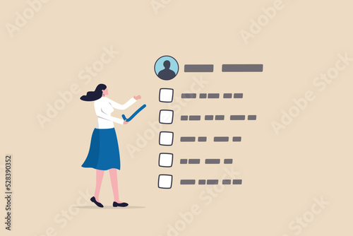 Evaluation or employee assessment, rating or performance review for improvement, satisfaction feedback checklist, appraisal or measure performance, businesswoman giving tick on evaluation checklist.