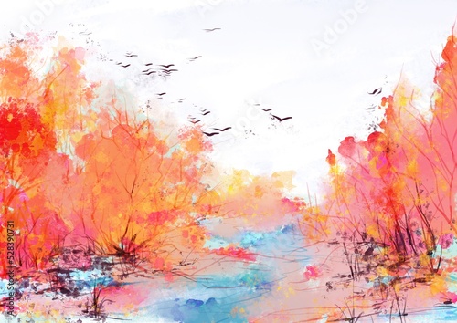 Autumn oranges abstract watercolor landscape background with birds