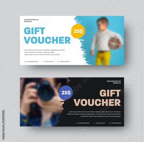 Gift voucher vector template, with brush stroke element, certificate creative design on white, black background, with photo. Set