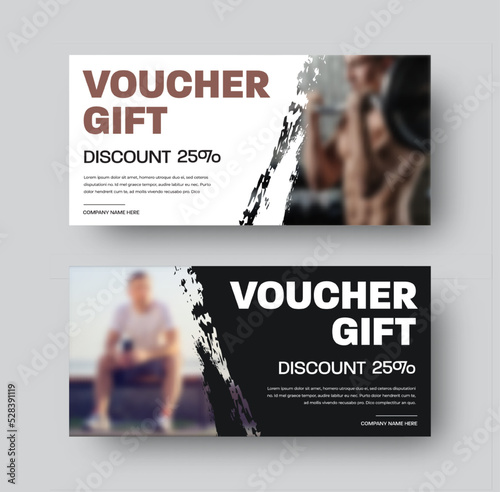 Gift voucher vector template, with diagonal design, brush stroke, on white, black background, with photo, for product promotion.