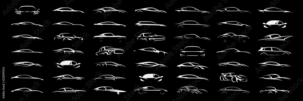 Sports car logo icon set. Motor vehicle silhouette emblems. Auto garage dealership brand identity design elements. Vector illustrations. - obrazy, fototapety, plakaty 
