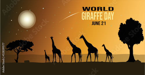 Canvas Print Giraffe day banner with five giraffes and trees silhouettes on an orange background