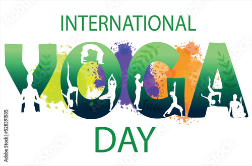 International Yoga Day banner with silhouettes of yoga poses on the letters.