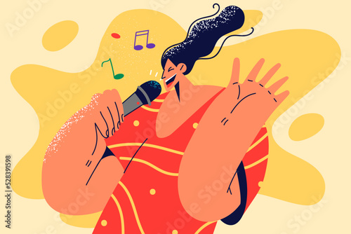Smiling woman singing in karaoke 