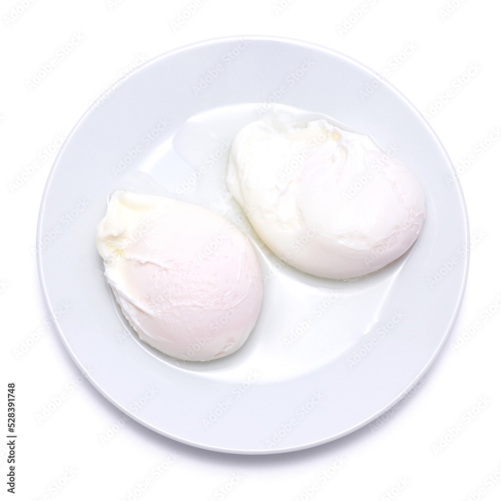 Poached Eggs on white ceramic plate isolated on white background Poached Eggs on white ceramic plate isolated on white background