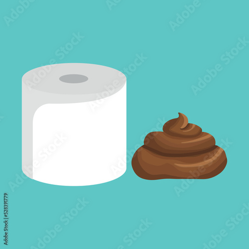 Roll of toilet paper and pile of dog poop in flat cartoon style. Funny excrement art.