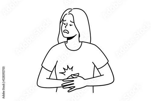 Unhealthy young woman suffer from acute stomachache. Unwell female struggle with belly pain or spasm. Healthcare. Vector illustration. 
