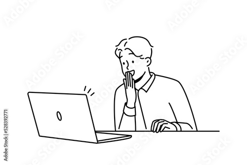 Happy male employee look at laptop screen excited with good news online. Smiling businessman shocked by pleasant message on computer. Vector illustration. 