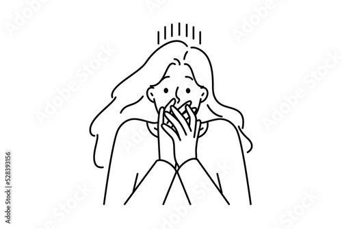 Woman shut mouth frustrated with fear or shock. Stunned female surprised by unbelievable news. Vector illustration. 