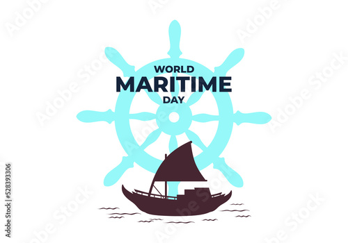 World maritime day background with ship and big steer wheel.