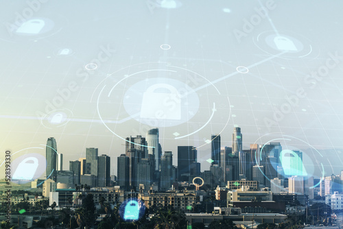 Virtual creative lock illustration with microcircuit on Los Angeles cityscape background, cyber security concept. Multiexposure