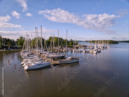 Canvas Print View of docked boats under the blue sky in Haukilahti harbor on a sunny day