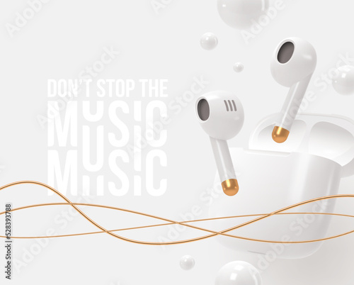 Realistic white portable wireless headphones with golden elements and charging case, 3d render wireless Earbuds. Don't stop the music vector illustration.