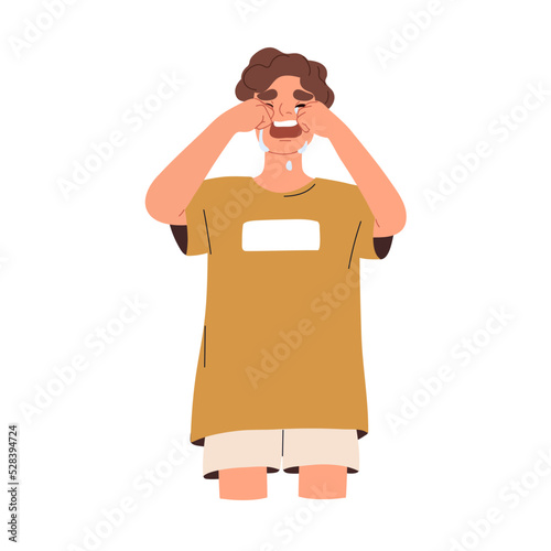Desperate boy crying in grief, despair. Child sobbing, weeping, feeling sorrow, distress. Unhappy upset kid in tears. Tearful offended person. Flat vector illustration isolated on white background