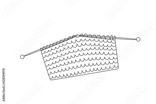 Doodle knitted fabric with needles. Vector flat cartoon illustration, clipart.