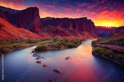 colourful mountain canyon long exposure river sunset, beautiful outdoor wonderland landscape background, 3d render, 3d illustration