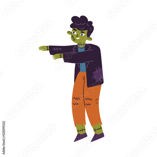 Halloween child zombie. Cute creepy boy disguised in spooky costume for Octob...