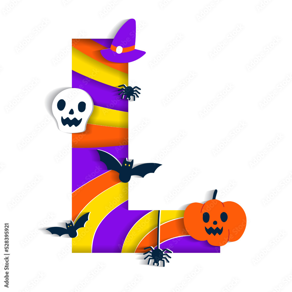Happy Halloween L Alphabet Party Font Typography Character Cartoon Spooky Horror with colorful 3D Layer Paper Cutout Type design celebration vector Illustration Skull Pumpkin Bat Witch Hat Spider Web