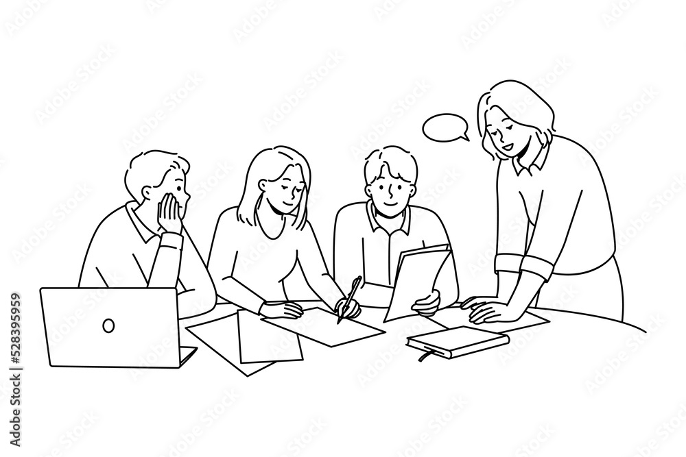 Diverse businesspeople sit at desk in office discuss paperwork at meeting together. Employees brainstorm engaged in teamwork at workplace. Vector illustration. 