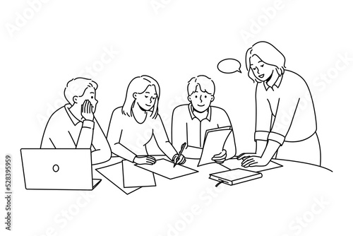 Diverse businesspeople sit at desk in office discuss paperwork at meeting together. Employees brainstorm engaged in teamwork at workplace. Vector illustration. 