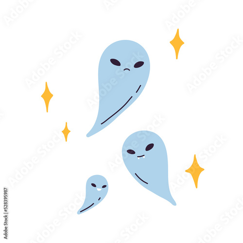 Spooky Halloween ghosts flying. Cute scary creepy phantoms floating. Funny He...