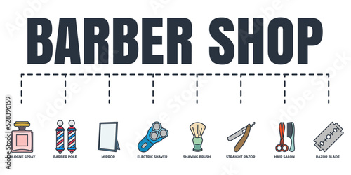 Barber shop banner web icon set. electric shaver, cologne spray, razor blade, mirror, hair salon, straight razor, barber pole, shaving brush vector illustration concept.