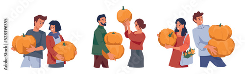 Autumn fair. Men and women with pumpkins. Set of illustrations. Vector image. © Tatyana