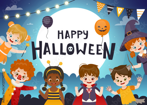 Halloween kids dressed up in costumes. Cute cartoon children on halloween party.