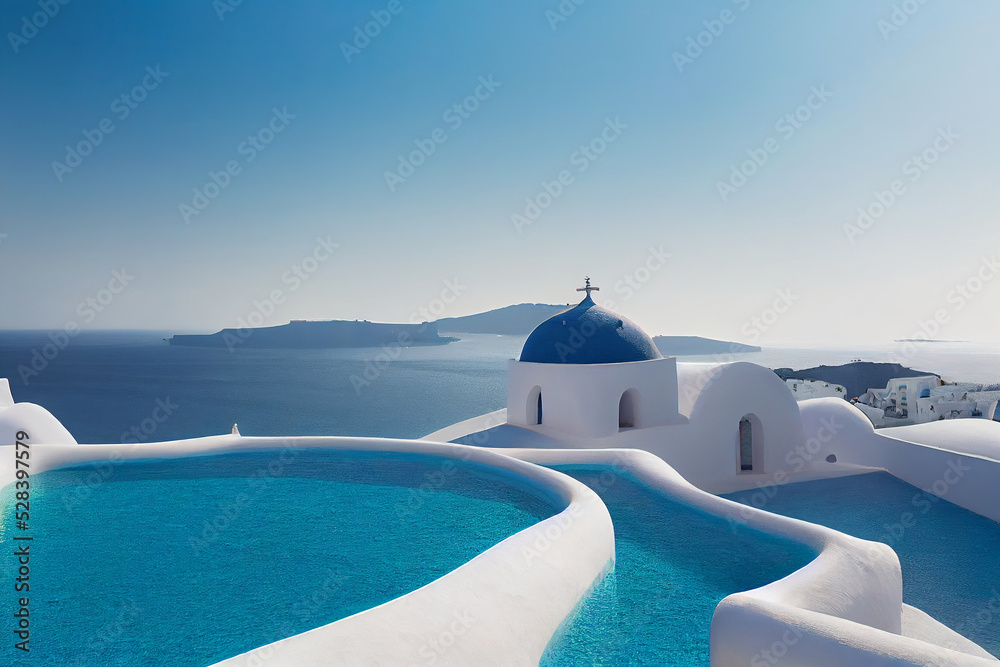 beautiful santorini greece panoramic background, travel holliday summer wallpaper, 3d render, 3d illustration - obrazy, fototapety, plakaty 