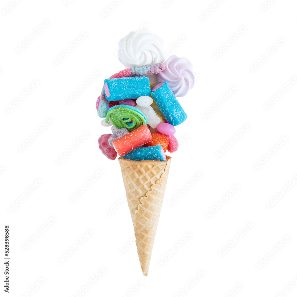 Ice cream cone with sweets isolated on white background. Colorful, festive sweets, meringue, jelly beans, cookies, candies, marshmallow. Ice cream cone with sweets isolated on white background. Colorful, festive sweets, meringue, jelly beans, cookies, candies, marshmallow.