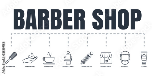 Barber shop banner web icon set. shave foam, barber chair, barber shop, hair brush, hair cut, lotion, barber pole, coffee cup vector illustration concept.