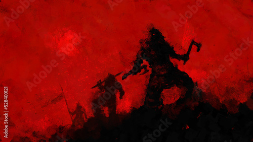 Tablou pe pânză Vikings stand on a hill ready for battle, armed with axes, swords and spears on a red background