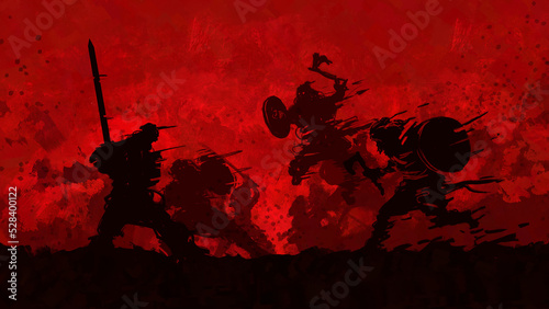 Viking warriors rushed to attack the defenders on a red background. 2d illustration