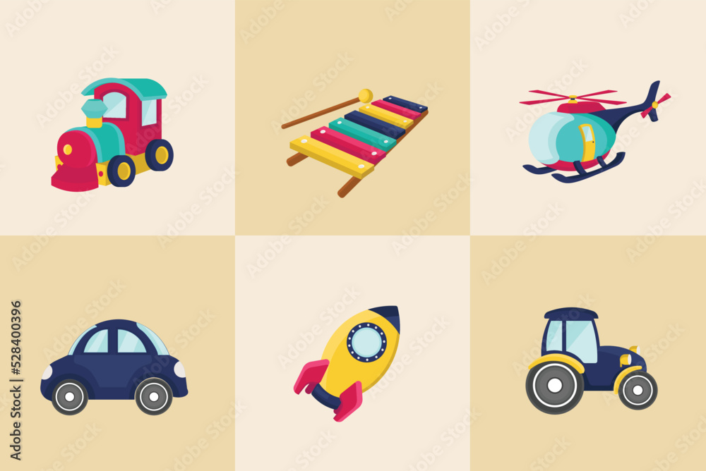 Fototapeta premium Vector set of toddler toys with cute characters like cars, planes and trains on pink background.