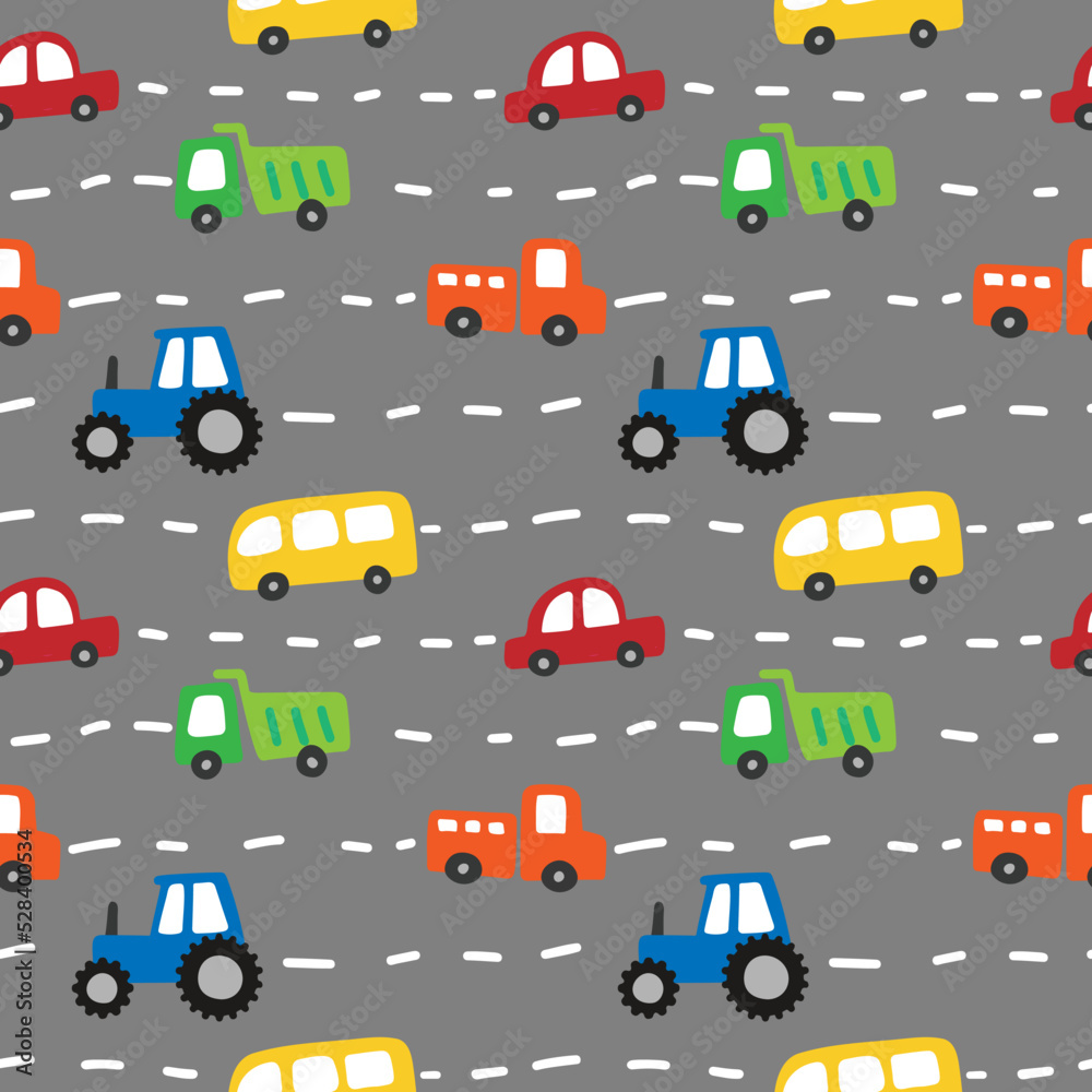 Naklejka premium Seamless pattern of a cute small cars and road. Vector illustration on a gray background. Scandinavian cartoon style flat design. Concept for children print.