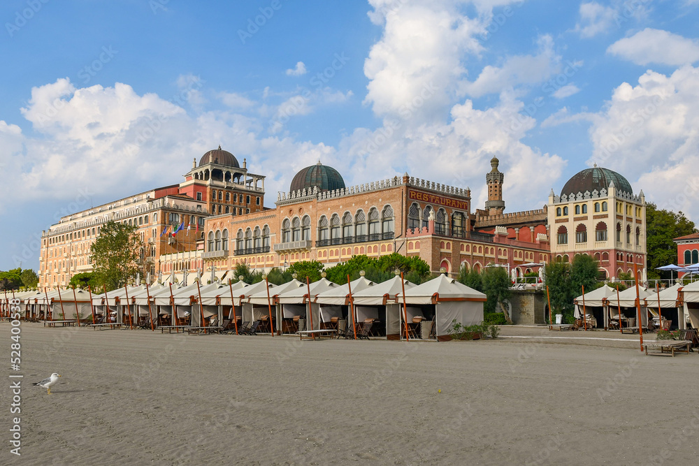 Naklejka premium The Hotel Excelsior, historical building on the sea that hosts movie stars during the Venice International Film Festival, Lido di Venezia, Veneto, Italy