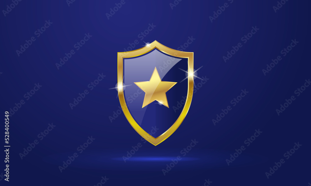 Gold shield with shiny star, Glass shield golden frame, Security and privacy Gold shield with shiny star, Glass shield golden frame, Security and privacy