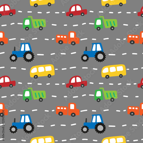 Seamless pattern of a cute small cars and road. Vector illustration on a gray background. Scandinavian cartoon style flat design. Concept for children print.