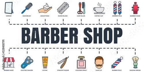 Barber shop banner web icon set. cologne spray, razor blade, mirror, hair salon, hair brush, hair cut, lotion and more vector illustration concept.