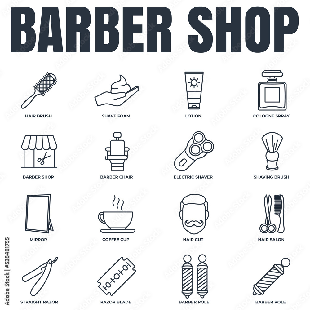Barber shop banner web icon set. cologne spray, razor blade, mirror, lotion, barber pole, coffee cup and more vector illustration concept. Barber shop banner web icon set. cologne spray, razor blade, mirror, lotion, barber pole, coffee cup and more vector illustration concept.