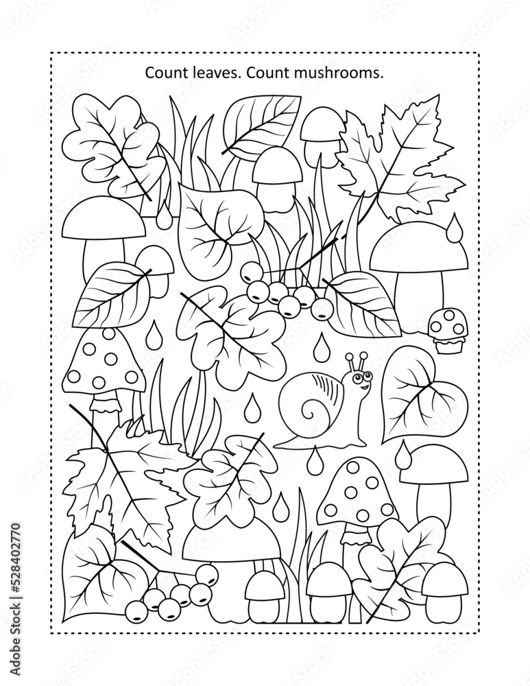 Autumn leaves and mushrooms counting game and coloring page
