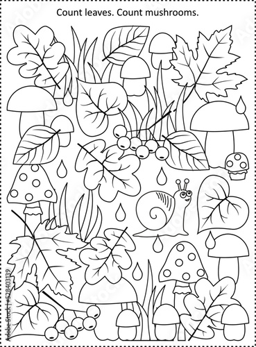 Autumn leaves and mushrooms counting game and coloring page
