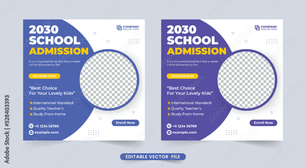 Creative school admission template design with round shapes. Educational social media post vector with purple and blue colors. School admission and academic course promotion template vector. Creative school admission template design with round shapes. Educational social media post vector with purple and blue colors. School admission and academic course promotion template vector.