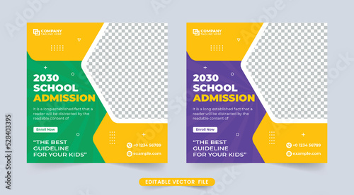 Creative school admission social media banner for promotion. Back-to-school promotion template with green and purple colors. Academic course and admission web template design for educational purposes.