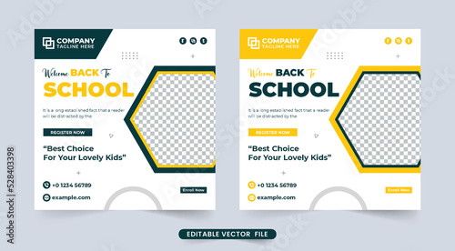 Simple school admission template vector with abstract shapes. Academic course promotion and college advertisement template design on white backgrounds. Back-to-school social media post.