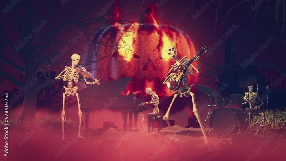 Halloween Skeleton Music Band seamless looping 3d animation rendering in 4K .